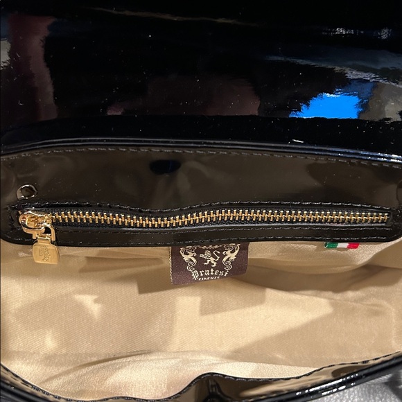 Pratesi Italian Black Patent Leather Shoulder Bag with Gold Details - Picture 5 of 5